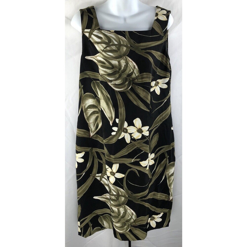 Vintage sleeveless KneeLength dress M Green Blk Tropical Floral Coconut girl Y2K